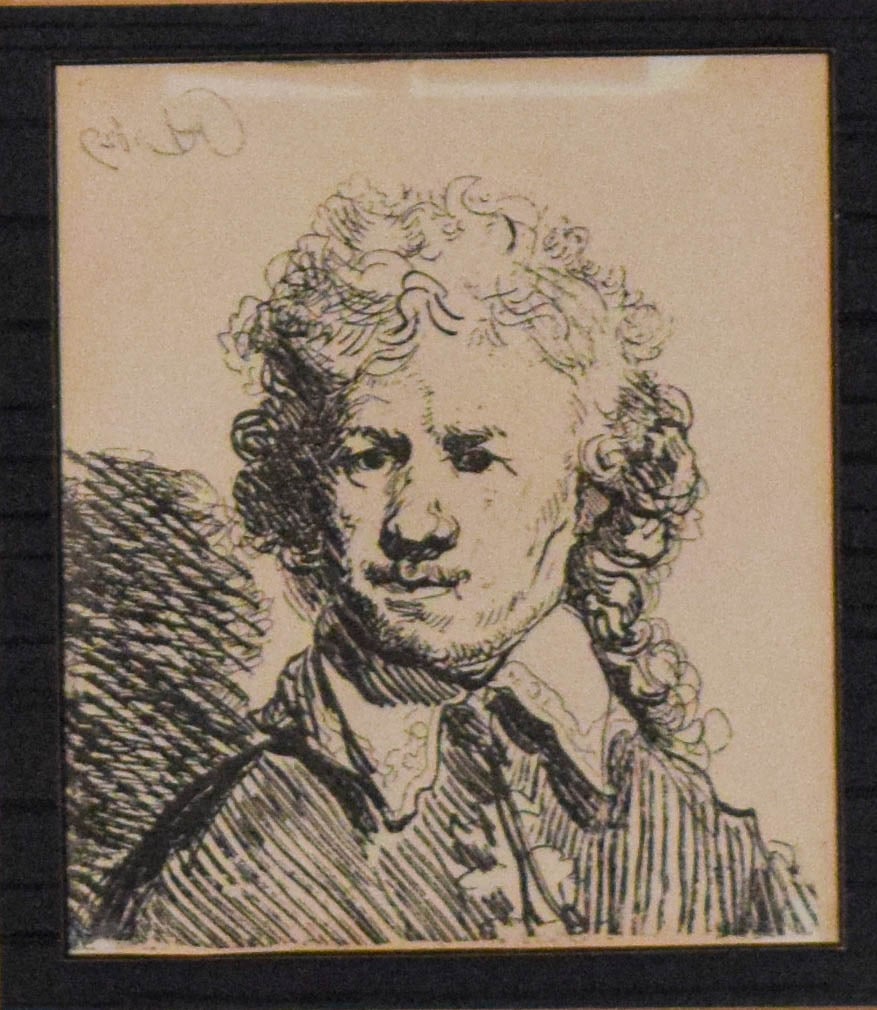 After Rembrandt Etching Self-Portrait Bareheaded: After Rembrandt van Rijn (Dutch, 1606-1669). Etching, self-portrait, Rembrandt Bareheaded. Signed in the plate upper left. With COA from American-International Art Commissionnaires and Appraisers date