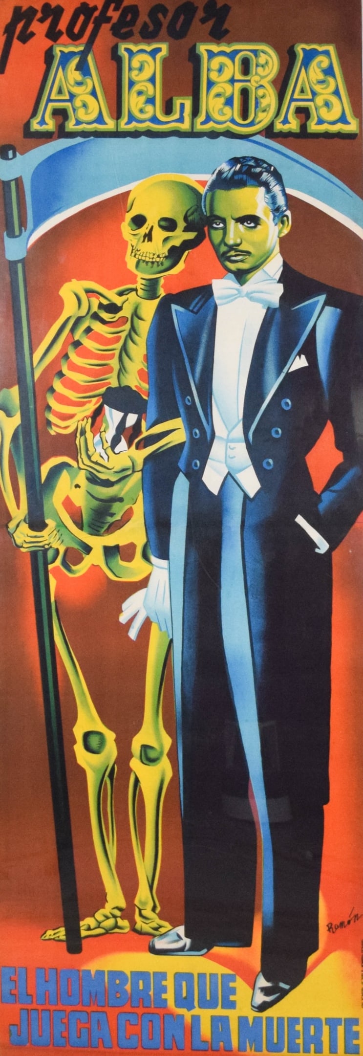 Profesor Alba Spanish Illusionist Poster: Profesor Alba Spanish illusionist / magic show lithograph poster, "El hombre que juega con la muerte (The man who plays with death)". Signed Ramon in the plate lower right. Graficas Valencia, 1959. 79