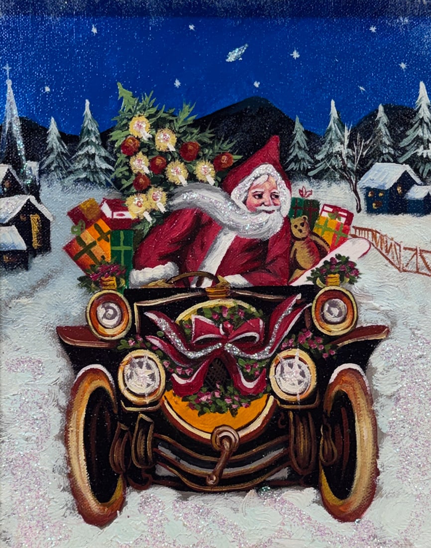 Christopher Radko Santa Antique Car Painting: A Christopher Radko framed painting depicting Santa Claus driving an antique automobile through a snowy nighttime village landscape. The vehicle is laden with wrapped gifts and a decorated Christmas t