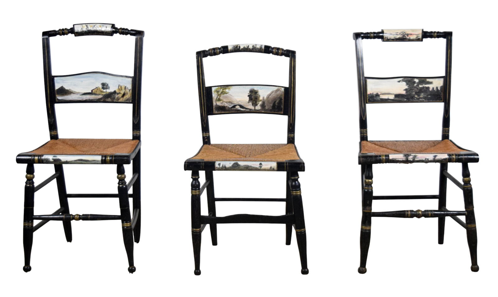 3 Hand Painted Rush Seat Chairs: 3 rush seat chairs. All with hand painted landscape scenes. Larger 35 1/2"H x 17 1/2"W x 19 1/2"D, seat height 18 1/4". All with scratches and paint loss throughout.