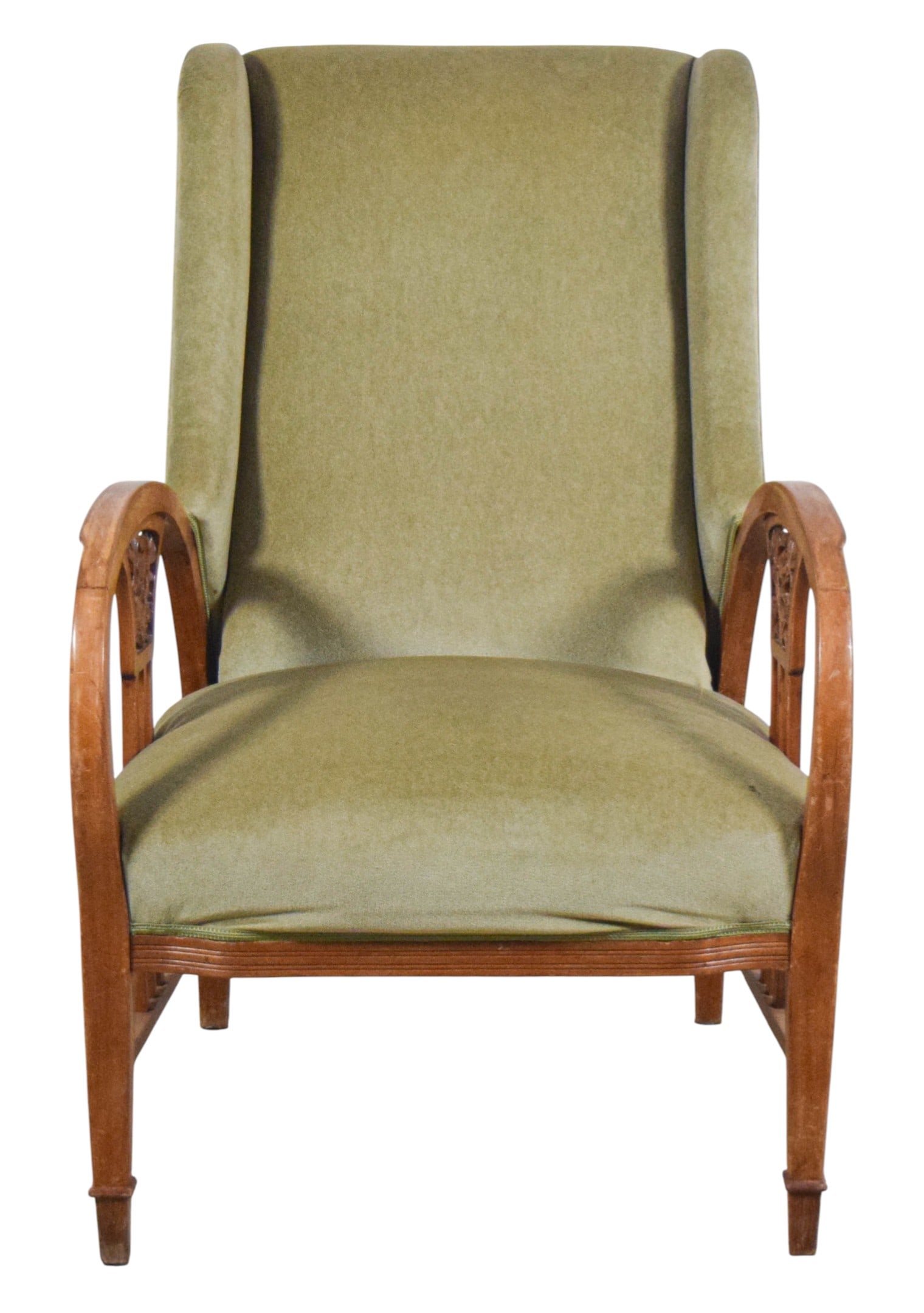 Art Nouveau Style Velvet Armchair: Art Nouveau style armchair with carved hardwood frame and sage green velvet upholstery. 41" H x 25 1/2" W x 33" D. Seat height 17". Light staining to velvet upholstery. Scuffs, scratches, and some fin