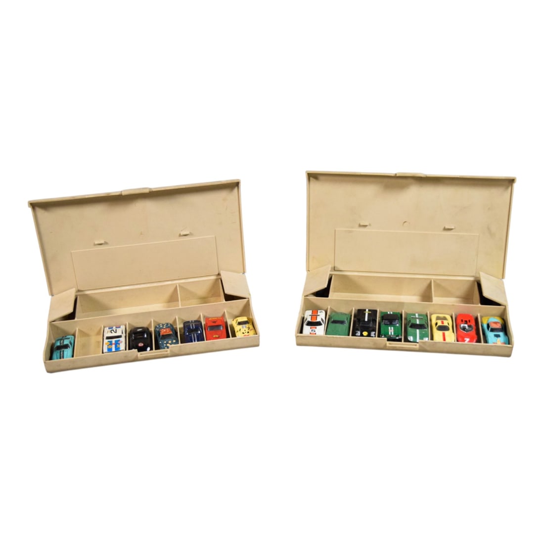 15 Vintage Aurora Slot Cars: 15 Vintage Aurora slot cars. Ford GT white orange #1 chassis. 1963 Chevy Corvette Stingray "Phantom" #1 chassis. Ford J Car Shell Mallory Ignition #1 chassis. 1965 Ford Mustang with STP sticker #2 cha