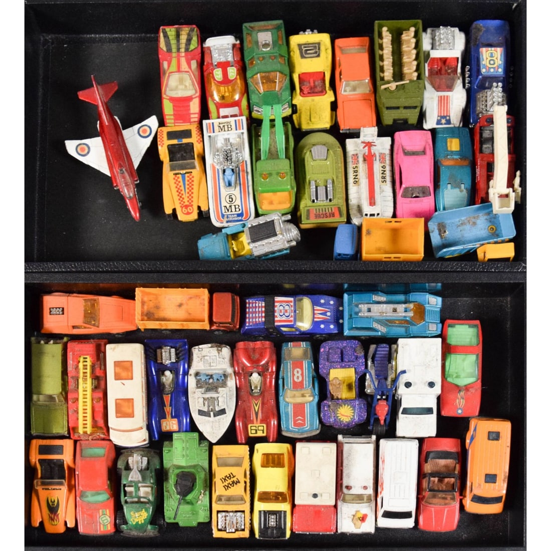 46 Matchbox Superfast Die-Cast Vehicle Collection, circa 1970s: A comprehensive collection of approximately 46 vintage die-cast vehicles manufactured by Lesney Products & Co. Ltd. under the Matchbox Superfast brand. This assortment features a wide variety of m