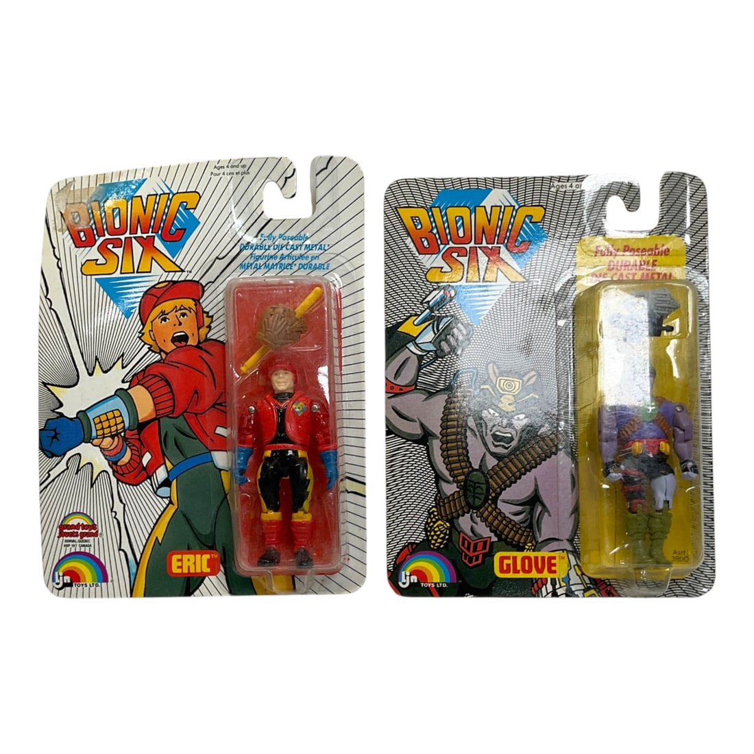 2 - LJN Toys Ltd., Bionic Six Die-Cast Action Figures, Eric and Glove, 1986: A pair of vintage Bionic Six action figures manufactured by LJN Toys Ltd. in 1986, featuring the characters Eric and Glove. These figures are constructed from a combination of die-cast metal and plast