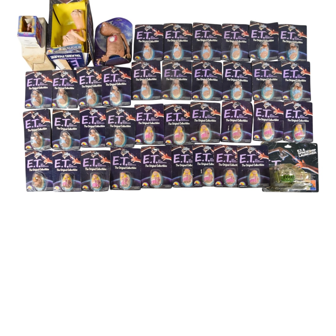 LJN Toys E.T. The Extra-Terrestrial Collection Talking Figure & Carded Miniatures 1982-1996: This extensive collection of vintage E.T. The Extra-Terrestrial merchandise is primarily manufactured by LJN Toys, Ltd., dating to the original film release in 1982, with additional pieces by Applause