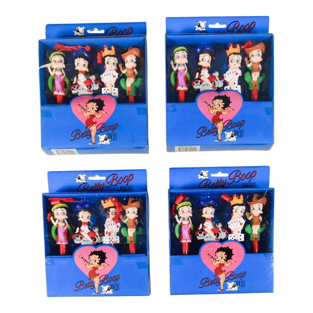4 Betty Boop 3D Character Topper Pen Sets 1995: Four complete Betty Boop Pen Sets manufactured by Sunkisses Hawaii in 1995. Each box 9" H x 7" W x 1 1/2" D.