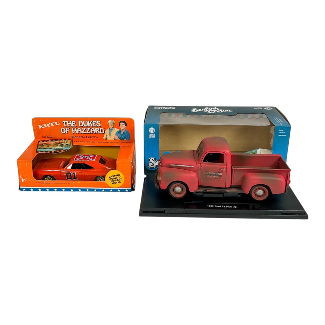 Dukes of Hazzard General Lee & Sanford Son Ford F1: Group of 2 die-cast metal vehicle replicas. Ertl Dukes of Hazzard "General Lee" 1969 Dodge Charger in 1:25 scale. Greenlight Collectibles Sanford & Son 1952 Ford F-1 pickup truck in 1:18