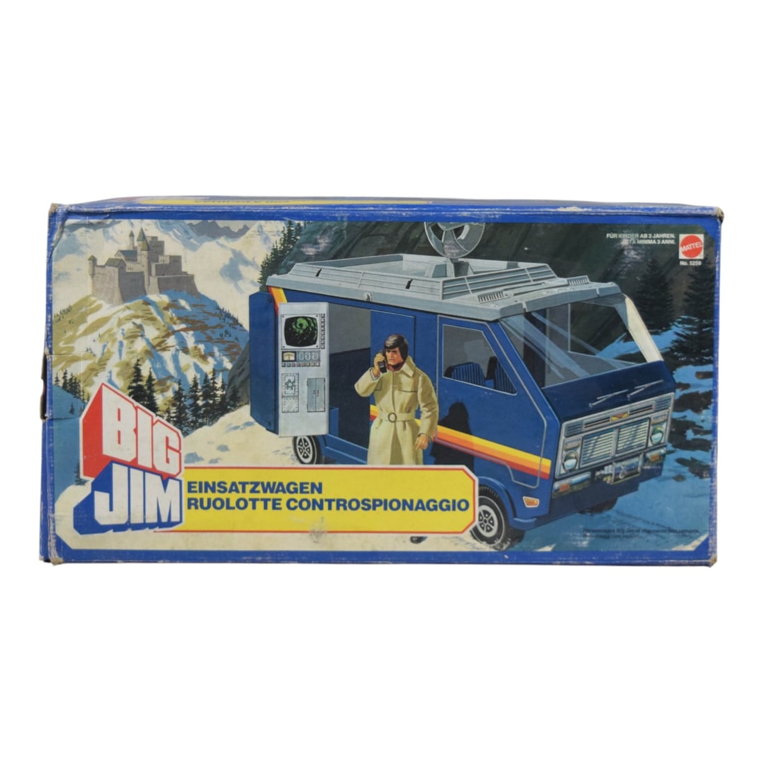 Mattel Big Jim Counterspy Detection Van in Original Box, Model 5259, c. 1981: This vintage Mattel Big Jim Counterspy Detection Van, model number 5259, is a notable example of the popular action figure vehicle line. The van is constructed of molded blue plastic featuring multico