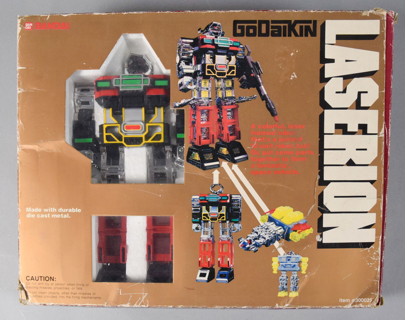 Bandai and Popy Japanese Mecha Action Figure Collection Including Godaikin Laserion, Circa 1984-1987: A diverse collection of five vintage Japanese transformable mecha and robot action figures manufactured by Bandai and its subsidiary Popy during the mid-1980s. The centerpiece of the group is a Godaik