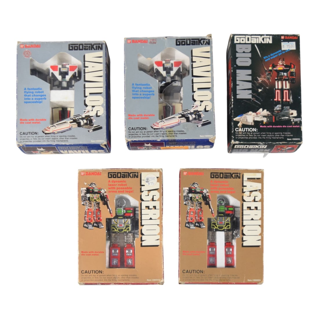 5 Bandai Godaikin Die-Cast Transformable Robot Action Figure Collection 1984: Collection of five vintage Godaikin transformable robot action figures produced by Bandai in Japan, circa 1984. The assortment includes two Vavilos models (Item #300024), one Bio Man model (Item #3000