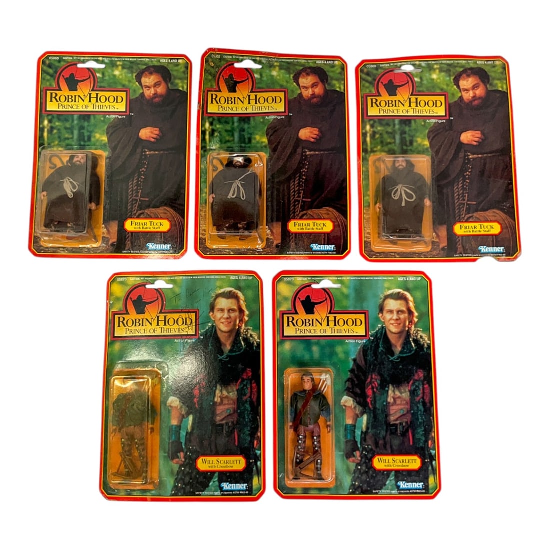 Group of 1991 Kenner Robin Hood Action Figures, One Signed Christian Slater: Group of 5 Kenner 1991 Robin Hood: Prince of Thieves action figures. Includes 3 Friar Tuck with Battle Staff figures and 2 Will Scarlett with Crossbow figures. One Will Scarlett card features a person