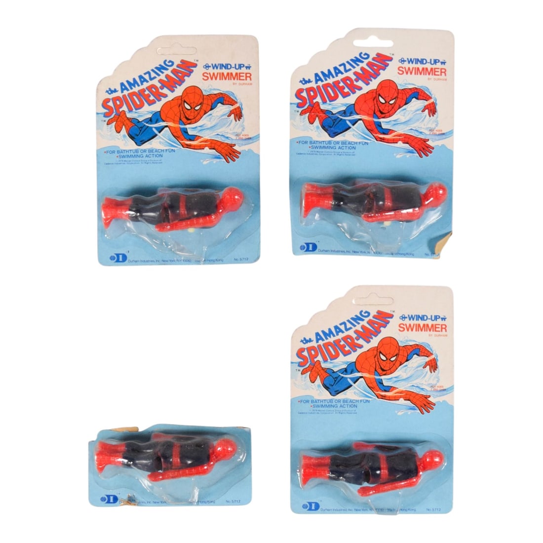 4 Durham 1979 Amazing Spider-Man Wind-Up Swimmer Toys: Four vintage The Amazing Spider-Man Wind-Up Swimmer Toys manufactured by Durham Industries in 1979. Factory-sealed in original blister packaging. Cardbacks 8" x 6".