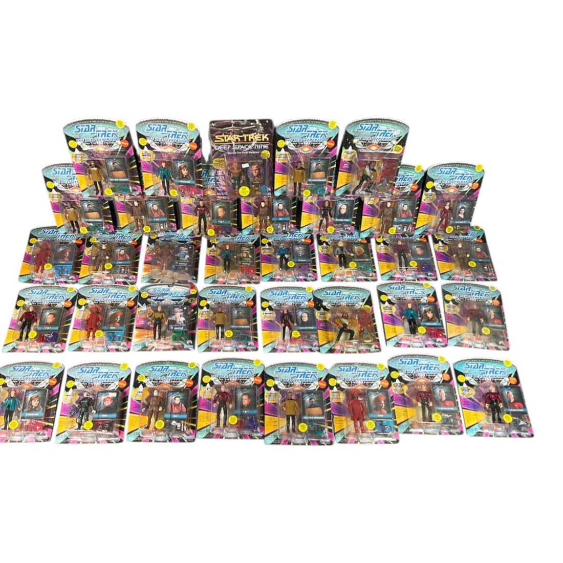 36 Playmates Star Trek The Next Generation and Deep Space Nine Action Figure Collection, Circa: This comprehensive collection consists of 36 original action figures manufactured by Playmates Toys, primarily representing the Star Trek: The Next Generation series with representation from Star Trek