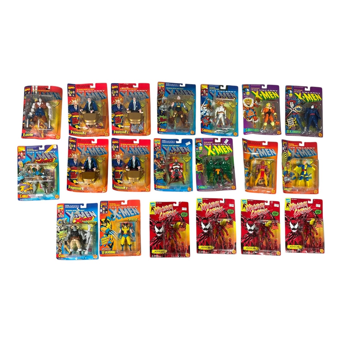 20 - Toy Biz Marvel Comics Action Figure Collection, Uncanny X-Men and Maximum Carnage, c. 1991-1994: This lot features a comprehensive collection of twenty (20) vintage action figures produced by Toy Biz during the early to mid-1990s. The assortment is comprised of figures from "The Uncanny X-Men, "