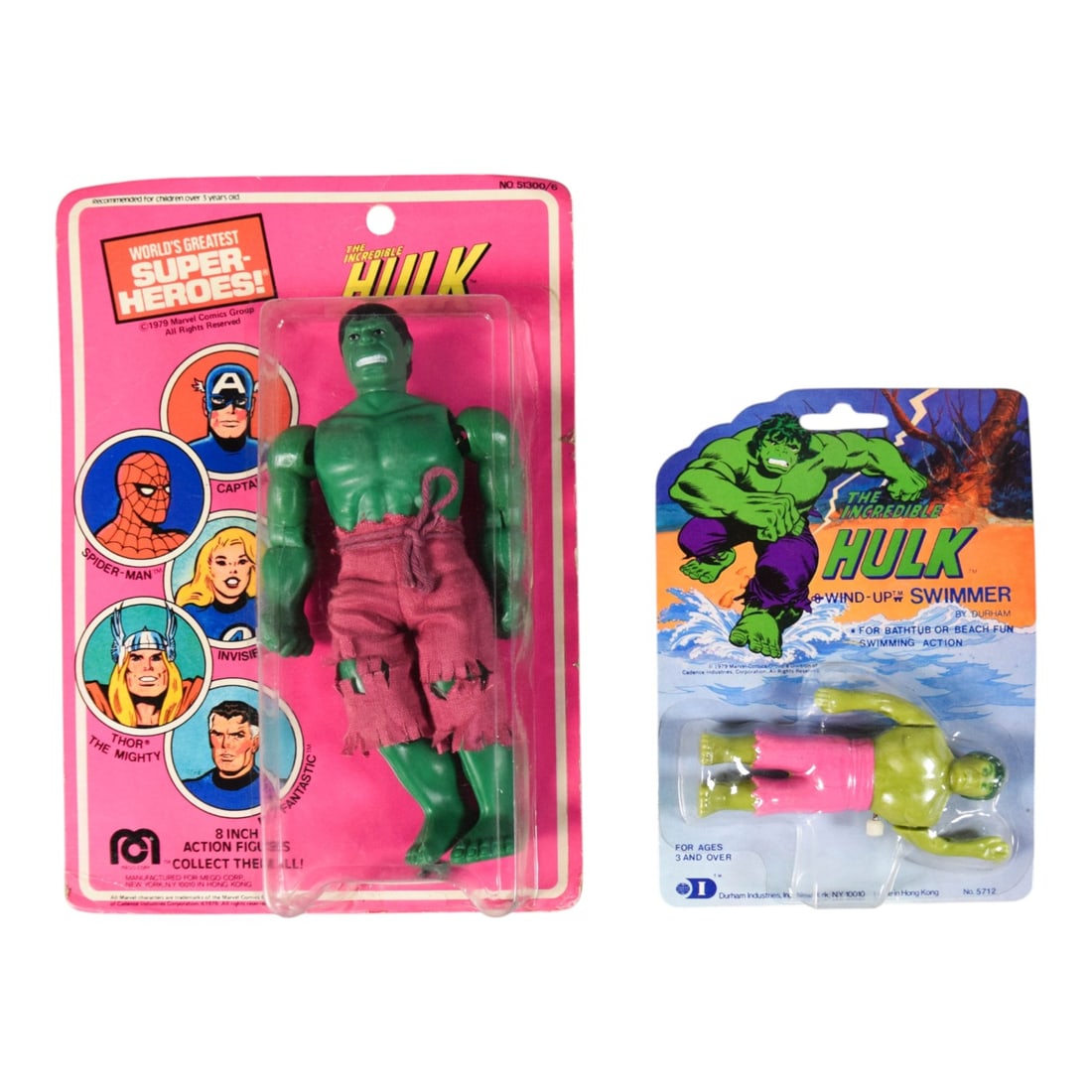 2 Vintage Mego & Durham Incredible Hulk Toys: Two vintage The Incredible Hulk collectible toys including a 1979 Mego 8-inch Hulk action figure from the World's Greatest Super-Heroes line and a 1979 Durham plastic Wind-Up Hulk Swimmer toy. Largest