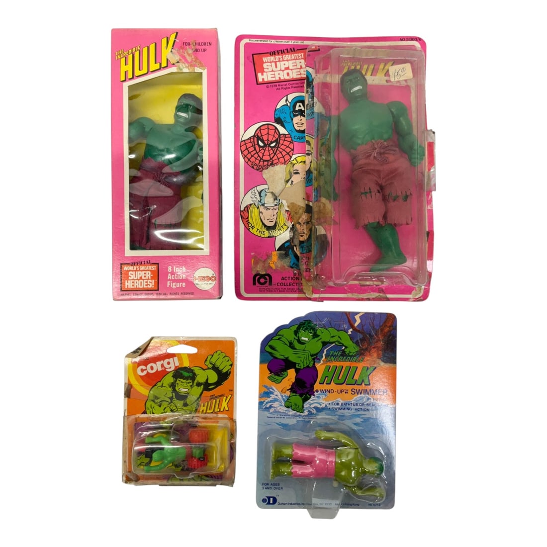 4- Mego, Durham, and Corgi The Incredible Hulk Vintage Toy Collection, 1974-1980: This lot features a curated collection of vintage The Incredible Hulk toys produced by Mego Corp., Durham Industries, and Corgi during the late 1970s and early 1980s. The primary item is an 8-inch Meg