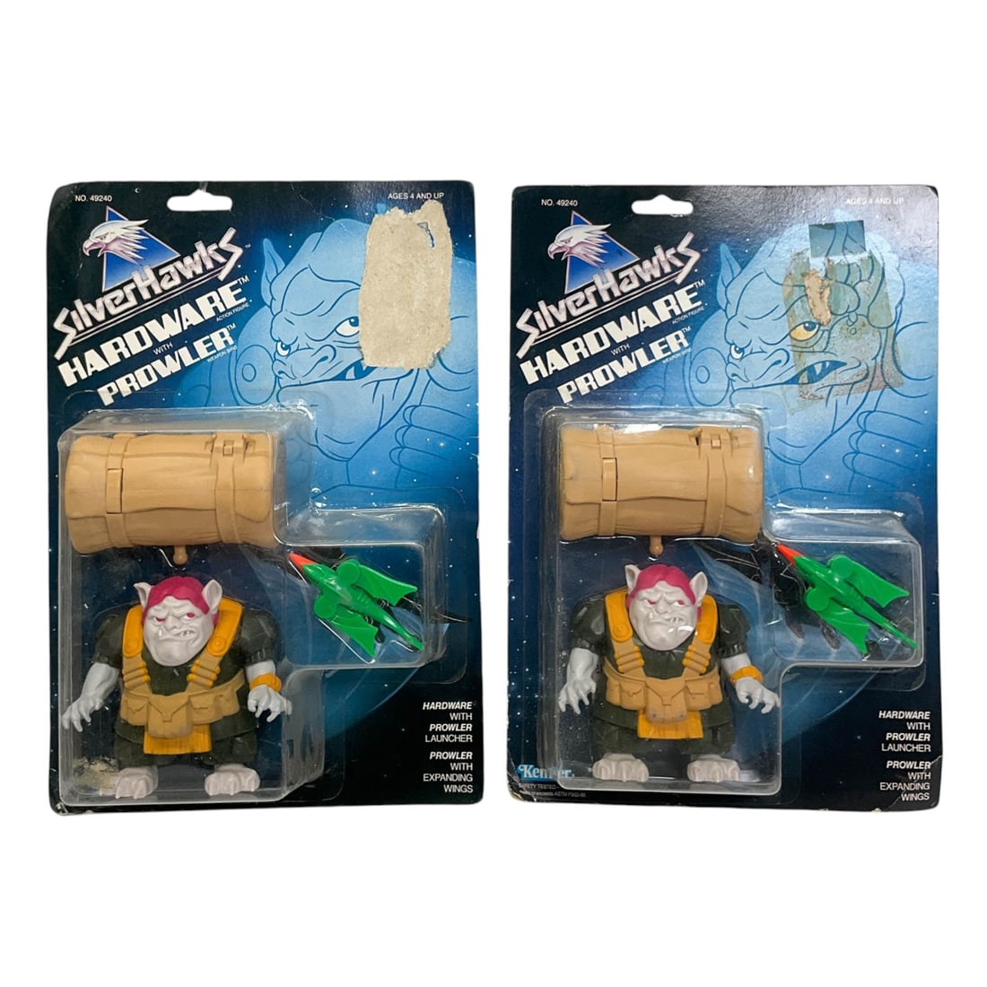 2 - Kenner SilverHawks Hardware Action Figures with Prowler Weapon Birds, Factory Sealed, 1987: This lot features a pair of vintage SilverHawks action figures produced by Kenner in 1987. The character "Hardware" is depicted as a molded plastic figure with painted details, accompanied by his "Pro