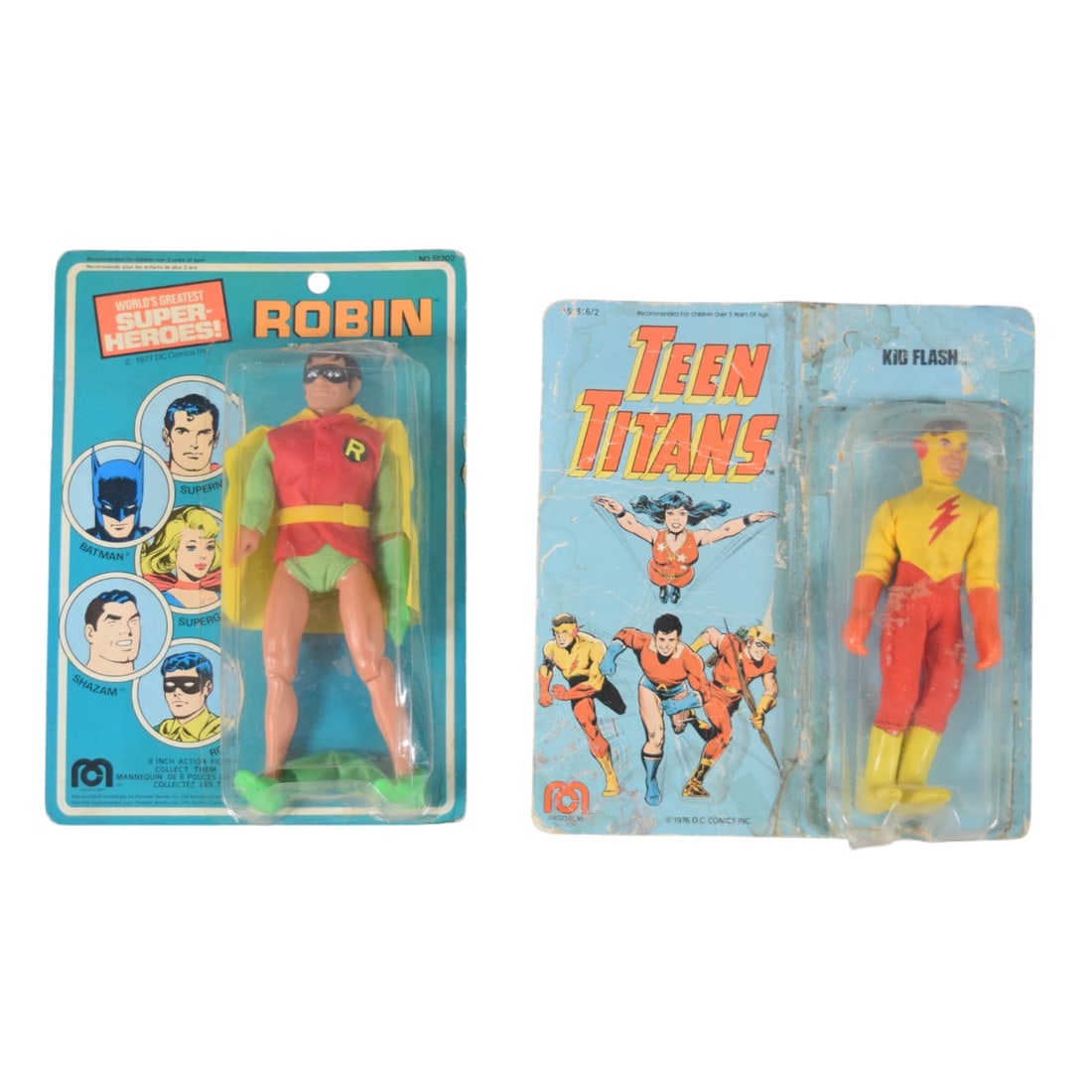 Mego Corp. DC Comics Robin and Kid Flash 8-Inch Action Figures, 1976-1977: Two vintage 8-inch scale poseable action figures manufactured by Mego Corp. under license from DC Comics. The first figure is Robin, The Boy Wonder, from the World's Greatest Super-Heroes! series, ide