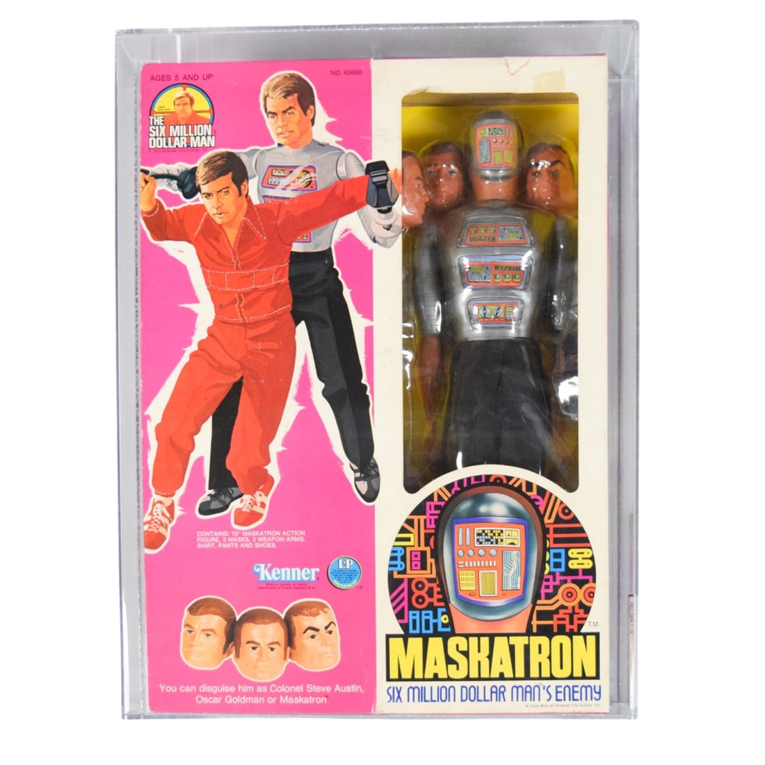 Kenner 1977 The Six Million Dollar Man Maskatron AFA 75: Kenner 1977 "The Six Million Dollar Man" Maskatron 12-inch action figure. The figure features a modular design allowing for the use of three interchangeable masks - Colonel Steve Austin, Oscar Goldman