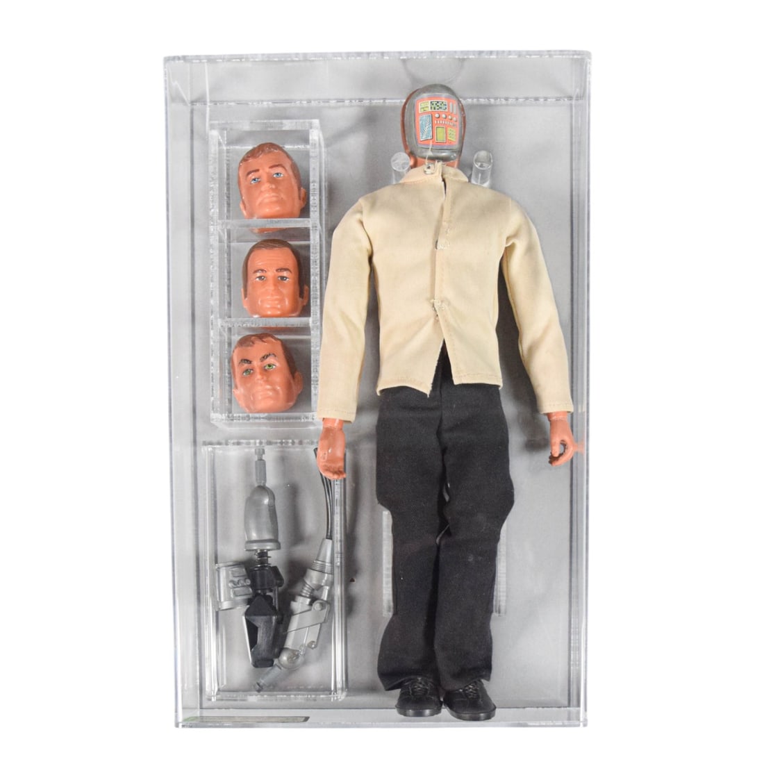 Kenner 1977 Six Million Dollar Man Maskatron Loose Action Figure AFA 75: Kenner 1977 "Six Million Dollar Man" 12-inch Maskatron loose action figure. The toy is designed with a removable faceplate mechanism that reveals a colorful internal robotic circuitry decal. This is a