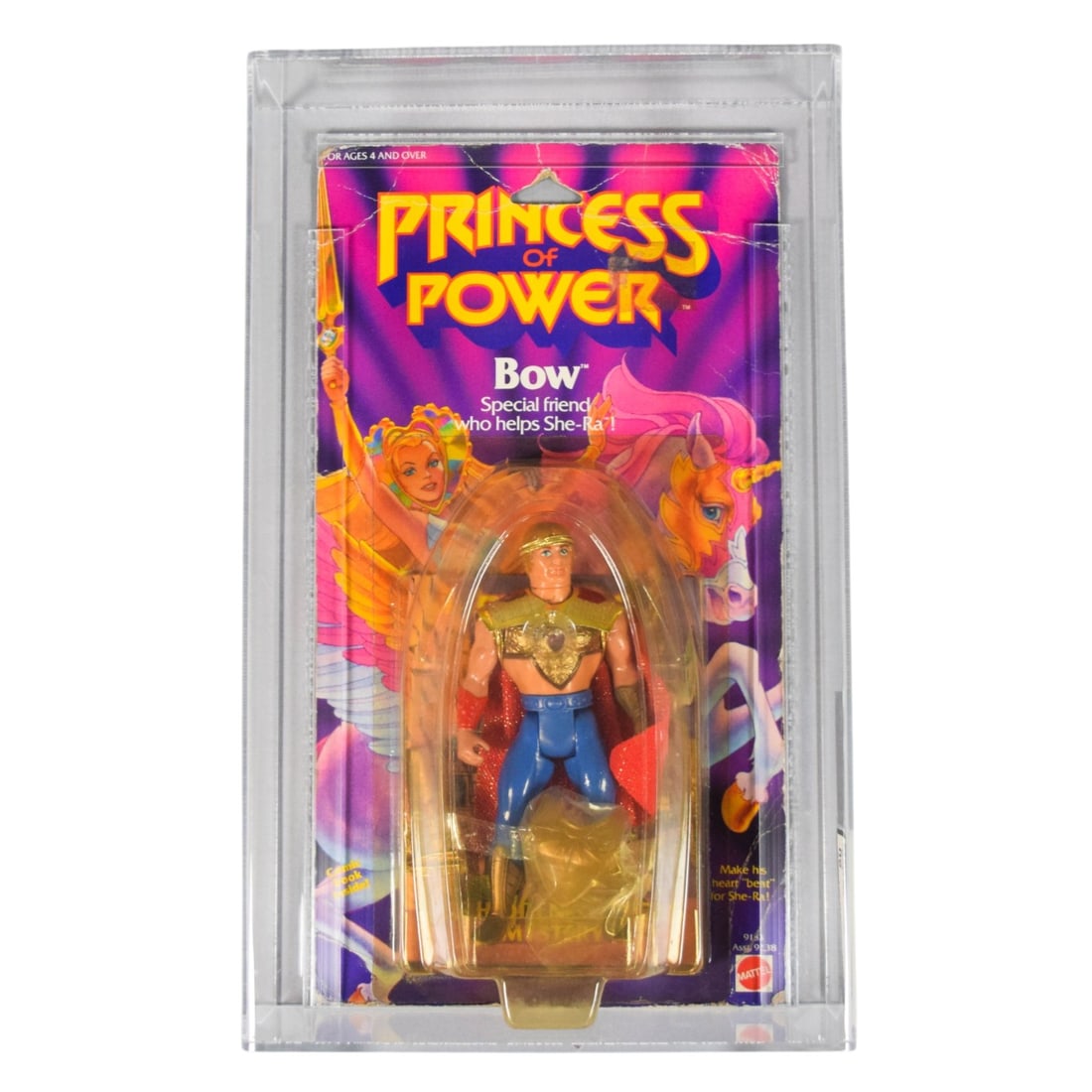 Mattel 1985 Princess of Power Bow Action Figure AFA 50: Mattel 1985 Princess of Power "Bow" Series 1 action figure. The figure is constructed of molded plastic and vinyl, featuring a mechanical heart-beating action. The piece is professionally encapsulated
