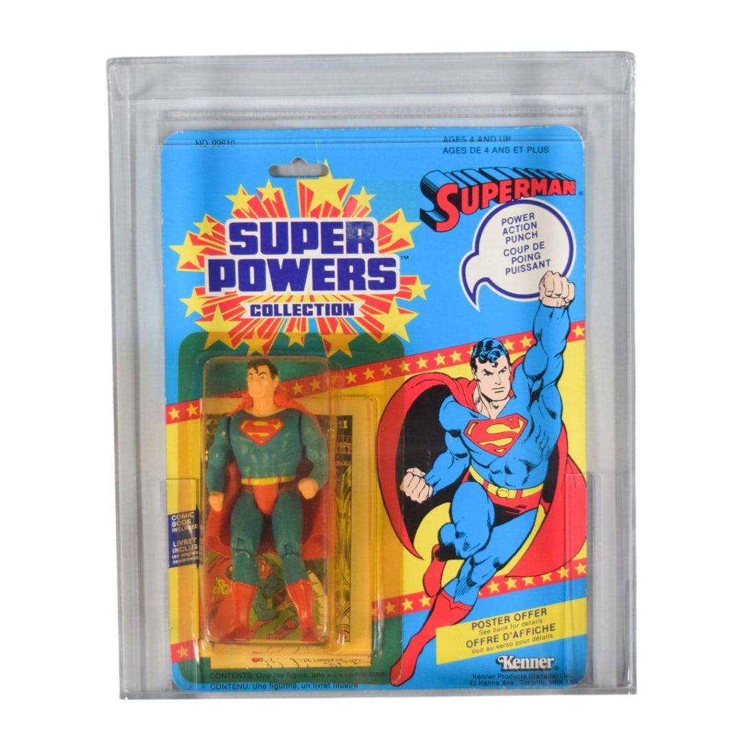 Kenner 1984 Super Powers Superman Series 1 12-Back Action Figure AFA 80: Kenner Canada 1984 Super Powers Collection Superman action figure. Factory-sealed on original bilingual English and French blister card. Series 1 release, 12-back card with poster offer. Professionall