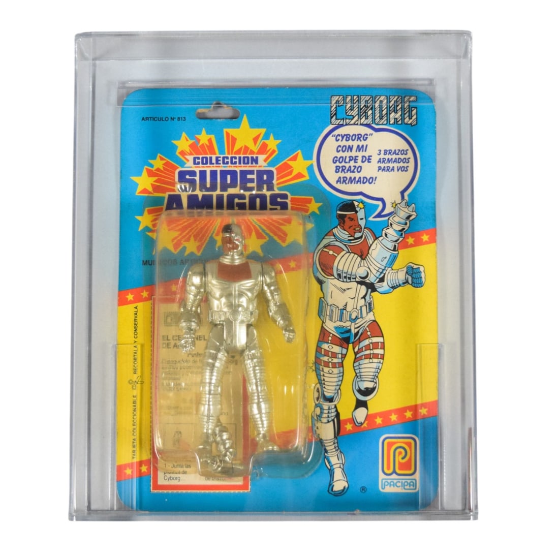 PACIPA 1989 Super Amigos Cyborg Action Figure Argentina Release AFA 60: PACIPA 1989 Super Amigos Argentina Release of Cyborg. Coleccion Super Amigos line, unpainted limbs variation, 11-back card. Professionally graded by Action Figure Authority (AFA) with an overall grade