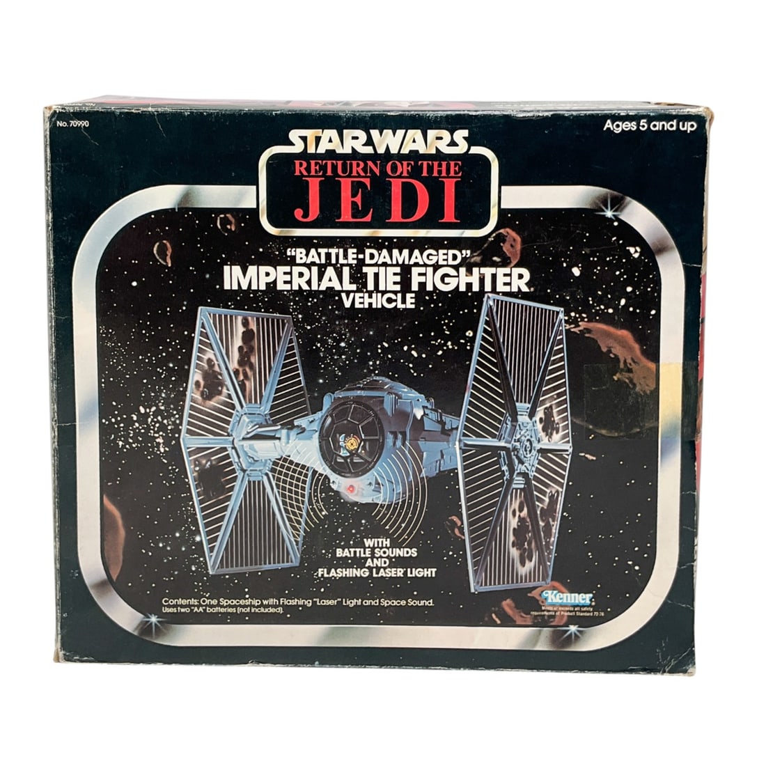 Kenner Star Wars Return of the Jedi Battle-Damaged Imperial TIE Fighter Vehicle, 1983: This vintage Star Wars Imperial TIE Fighter vehicle was manufactured by Kenner Products in 1983 as part of the Return of the Jedi toy line. The model, catalog number 70990, is constructed of molded pl