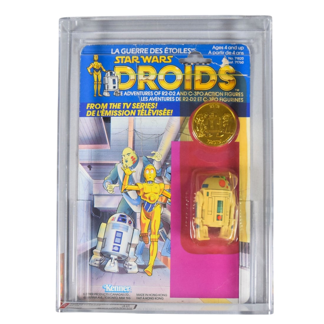 Kenner 1985 Star Wars: Droids R2-D2 Action Figure AFA 40: Kenner 1985 Star Wars: Droids R2-D2 action figure. Bilingual Canadian release with both English and French text (La Guerre des ?‰toiles). The reverse of the cardback displays the full 12-figure line