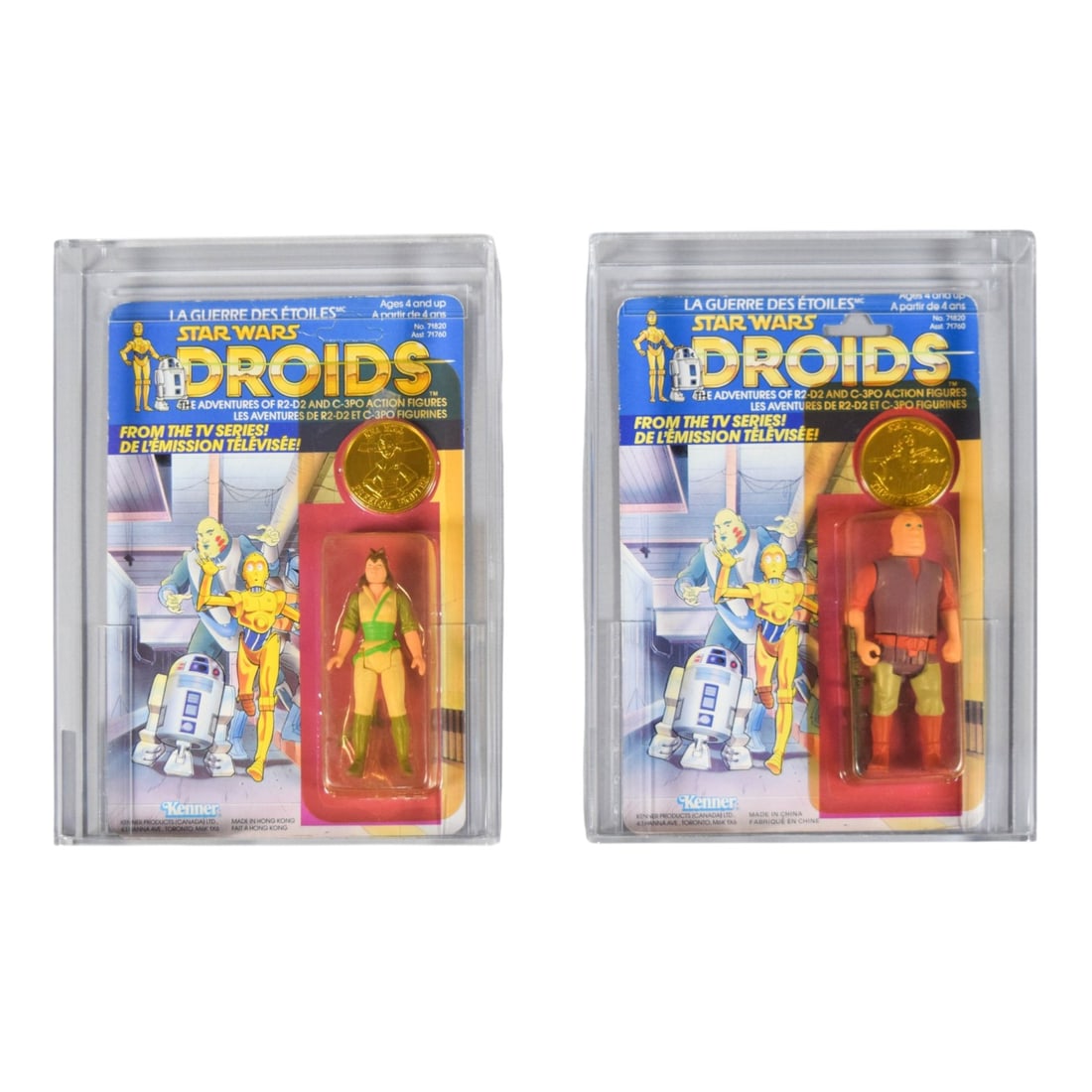 2 Kenner 1985 Droids AFA Graded Action Figures Kea Moll & Jord Dusat: Two AFA graded 1985 Kenner Canada Star Wars Droids action figures including Kea Moll (AFA 75) and Jord Dusat (AFA 75). Bilingual Canadian release with both English and French text (La Guerre des ?‰t