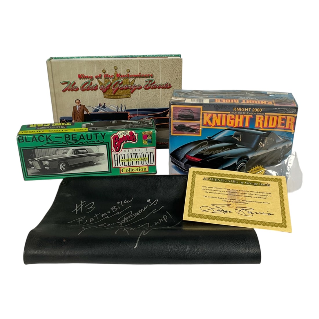 George Barris Memorabilia & Signed Model Kits: Group of George Barris memorabilia including a signed textile from the #3 Batmobile (a 1966 model built by Barris for the TV series and movie, also from the Stewart Berkowitz Collection). Also