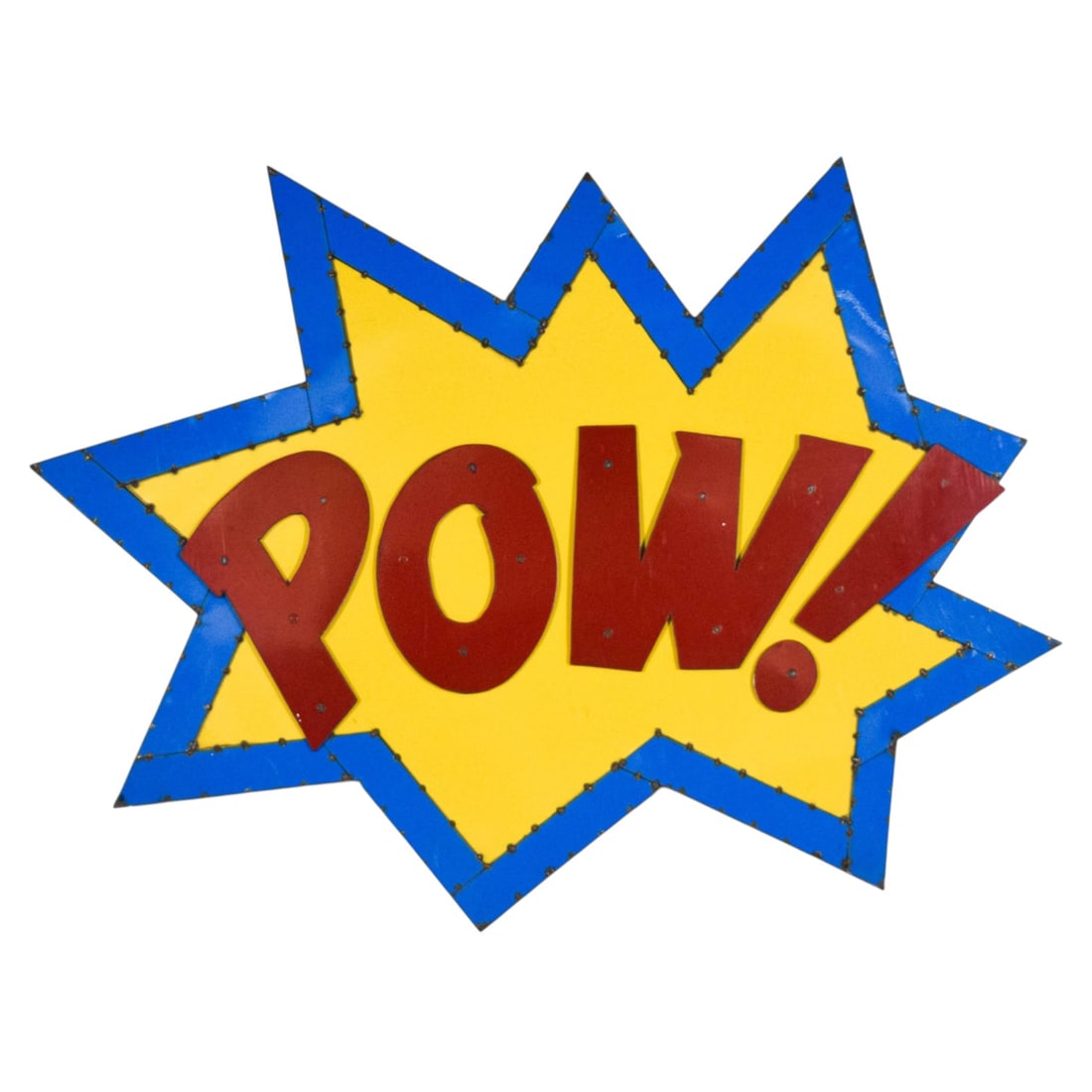 POW! Industrial Comic Art Metal Wall Sign: Large industrial "POW!" sign inspired by Batman fight graphics and pop comic art. Enameled metal with yellow starburst background, raised red lettering, and blue border with visible rivets.