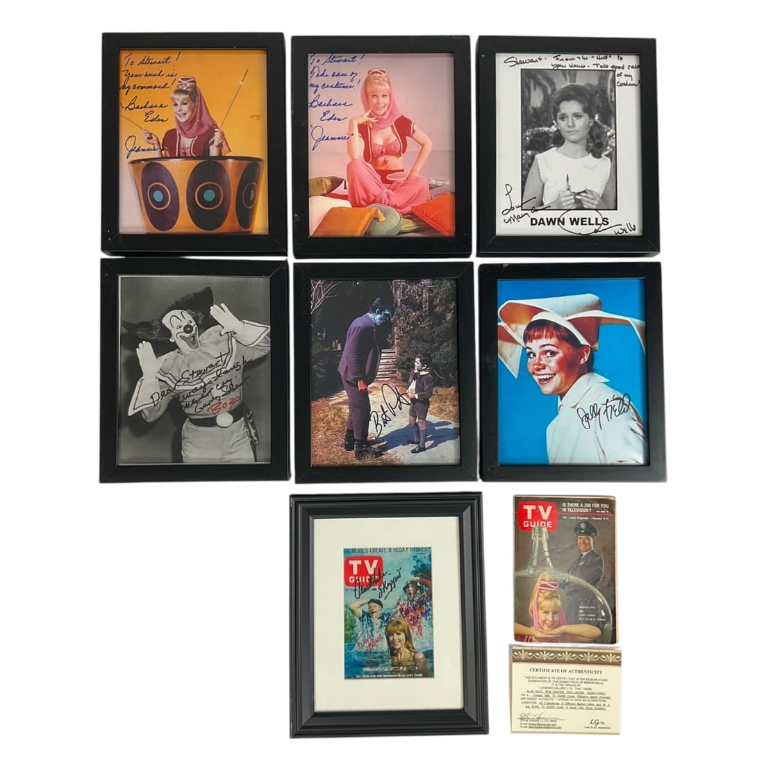 8 Autographed Photos Incl Barbara Eden: Group of 8 film and TV star autographed photos and TV guides. One photo of Herman and Eddie Munster signed by Butch Patrick. Signed photo of Sally Field as Sister Bertrille in The Flying Nun. TV