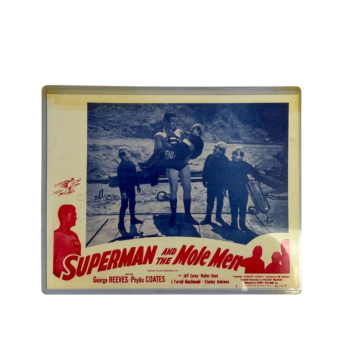 Superman and the Mole Men Lobby Card: Superman and the Mole Men lobby card starring George Reeves and Phyllis Coates. Lippert Pictures, 1951. 11" x 14". Toning at the edges and minor wear to corners. From the Stewart Berkowitz