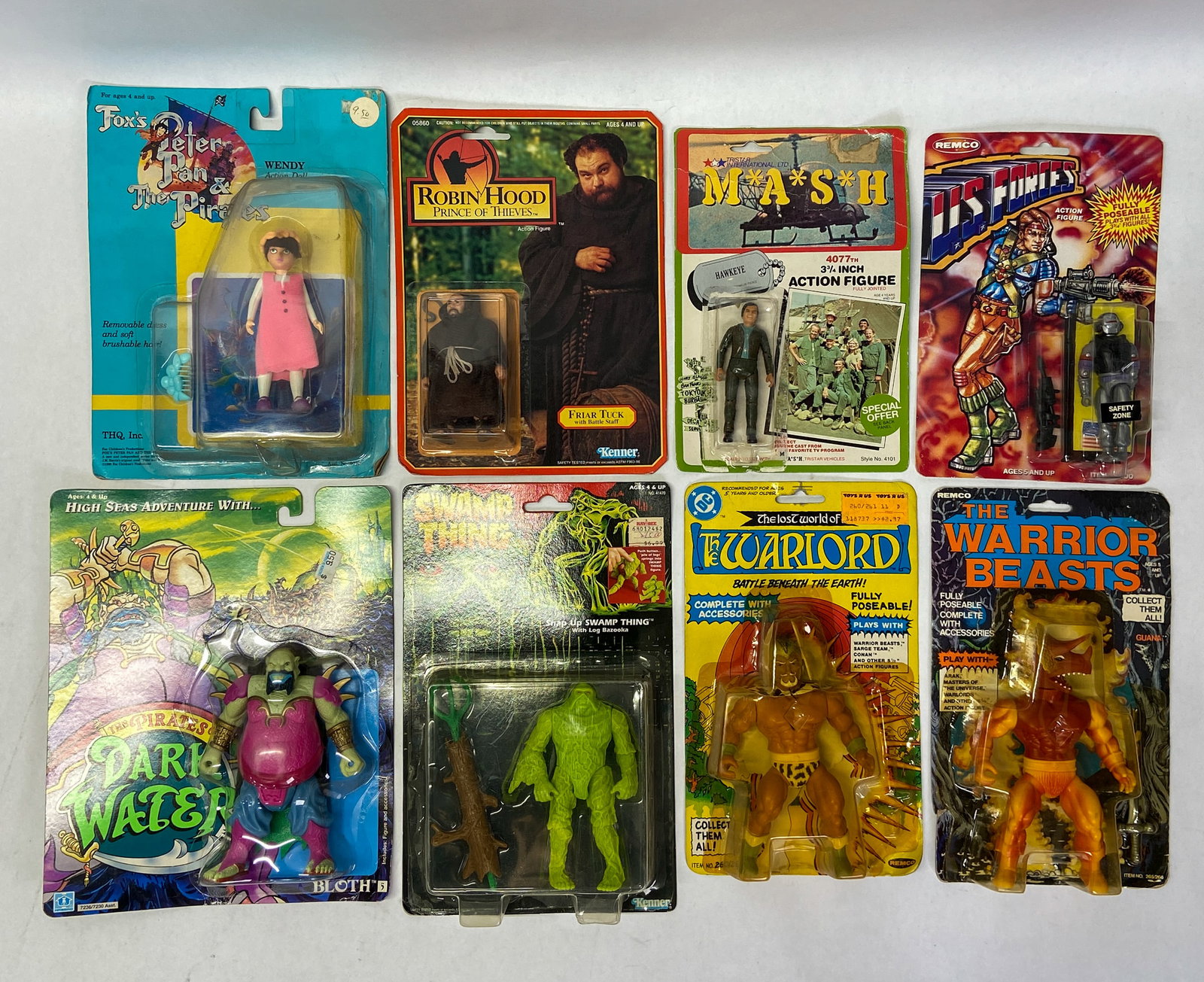 8 Vintage Carded Action Figures Incl Kenner & Remco c. 1982-1991: Collection of eight vintage action figures. Assortment includes a 1991 THQ Fox's Peter Pan & The Pirates Wendy action doll; a 1991 Kenner Robin Hood Prince of Thieves Friar Tuck with Battle Staff;
