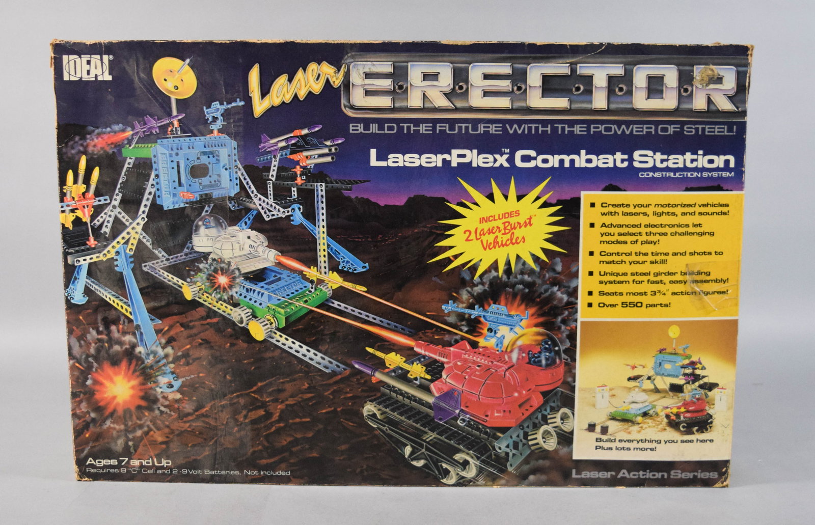 Ideal Laser ERECTOR LaserPlex Combat Station Construction Set: Vintage Laser ERECTOR LaserPlex Combat Station construction set, model number 7329, manufactured by Ideal in 1987. The set is designed to build a large-scale combat base and includes two motorized Las