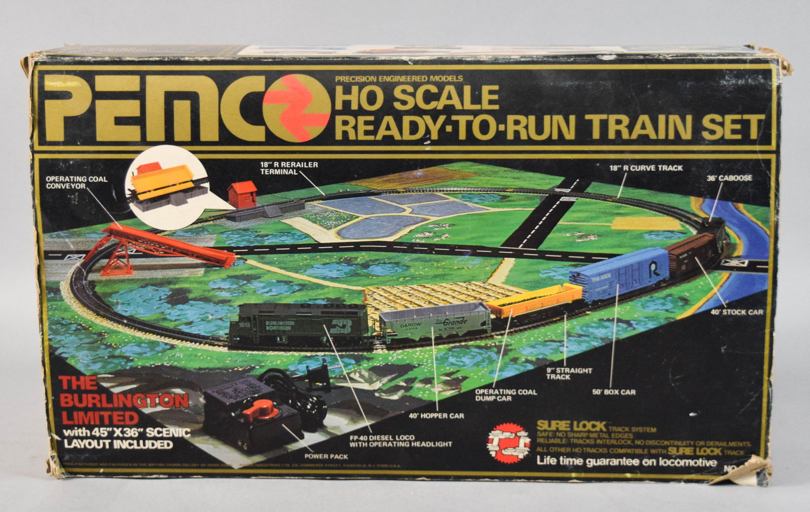 Burlington Limited Ready-To-Run Train Set c. 1980: A vintage PEMCO HO scale electric train set titled The Burlington Limited, model number 5101. The set features a Burlington Northern FP-40 diesel locomotive equipped with an operating headlight. The i