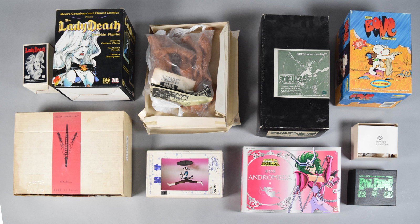 9 Moore Creations, Dark Horse, Bandai Collectibles c. 1990s: Group of nine limited-edition figurines, model kits, and action figures primarily dating from the 1990s, representing iconic characters from independent comics and Japanese media. Notable Moore Creati