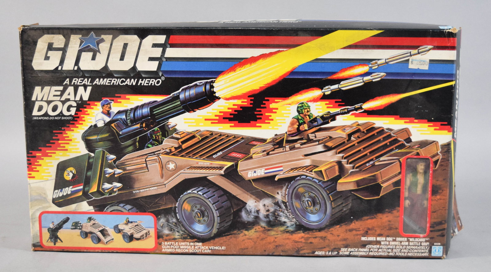 Hasbro G.I. Joe A Real American Hero Mean Dog Vehicle Set with Wildcard Figure, 1988: Vintage Hasbro G.I. Joe "Mean Dog" vehicle and action figure set from the "A Real American Hero" series, produced c. 1988. The set features a 3-in-1 design that separates into a gun pod, a missile att