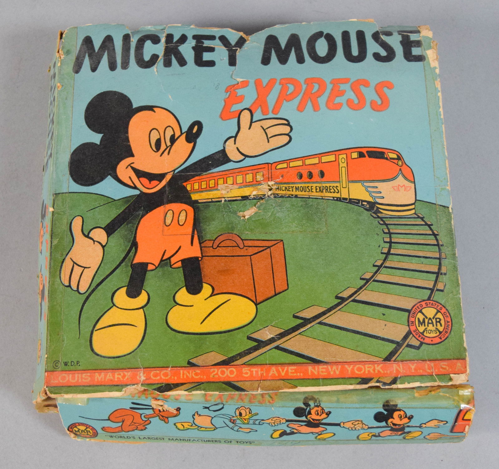 Louis Marx and Co. Mickey Mouse Express Tin Lithograph Wind-Up Toy with Original Box c. 1950: Vintage tin lithograph wind-up toy titled The Mickey Mouse Express, manufactured by Louis Marx and Co c. 1950. The assembly includes a central station house with an integrated metal wind-up key, a fix