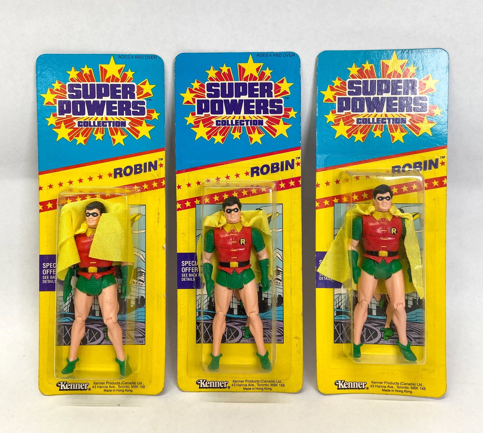 3 Factory-Sealed Kenner Super Powers Robin Action Figures c. 1984-1986: Three vintage Robin action figures from the Kenner Super Powers collection manufactured c. 1984-1986. Factory-sealed on original slim backing cards. Reverse displays the "Collect All 8" checklist incl