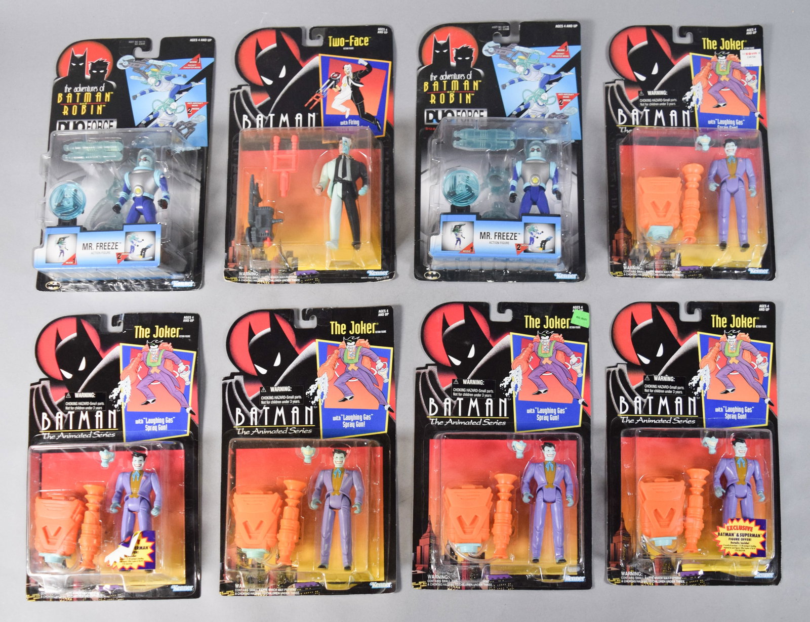 8 Kenner DC Super Powers and Batman Animated Series Figures c. 1984-1995: Group of eight vintage DC Comics action figures and vehicles manufactured by Kenner from the 1980s-1990s. The assembly features items from the Super Powers Collection (c. 1984-1986) and the Batman: Th