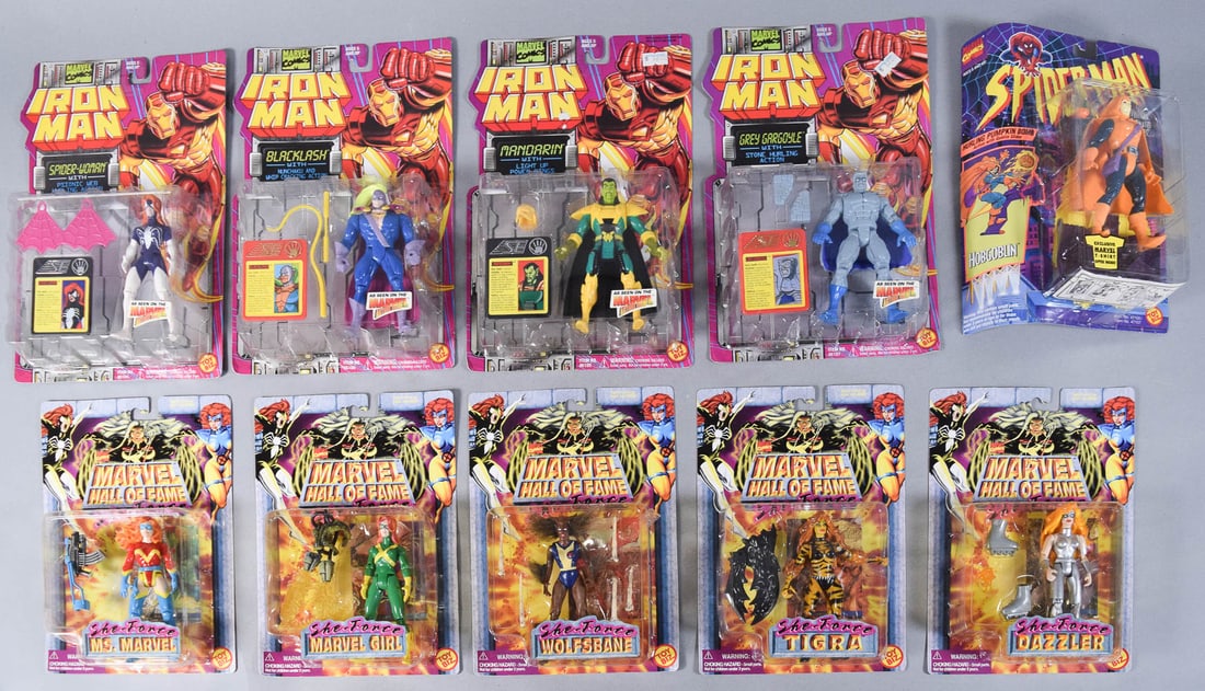 10 Toy Biz Marvel Comics Action Figures c. 1994-1997: Collection of 10 vintage Marvel Comics action figures manufactured by Toy Biz. Features characters from three mid-1990s product lines: the Iron Man Marvel Action Hour series, the Spider-Man Animated S