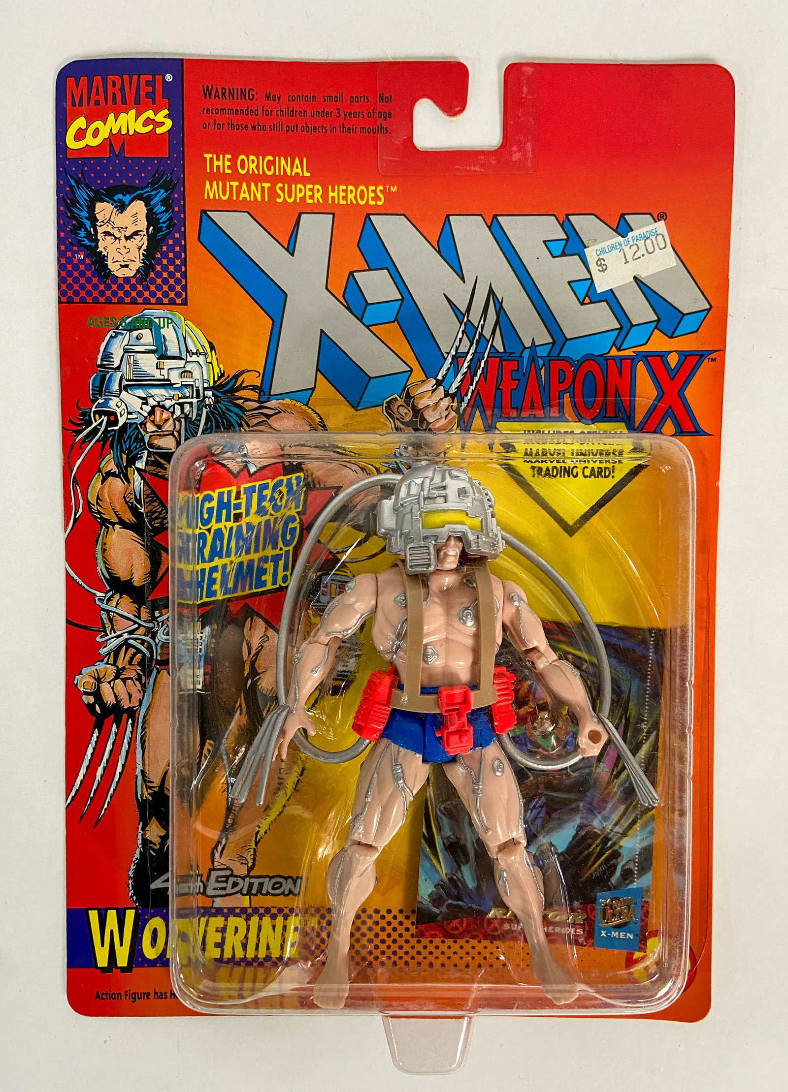 Marvel Toy Biz Weapon X Wolverine Action Figure Blue Shorts Variant 1993: Marvel X-Men Weapon X Wolverine action figure, blue shorts variant, manufactured by Toy Biz in 1993. Presented in its original factory-sealed blister packaging. Includes a removable silver-toned Techn