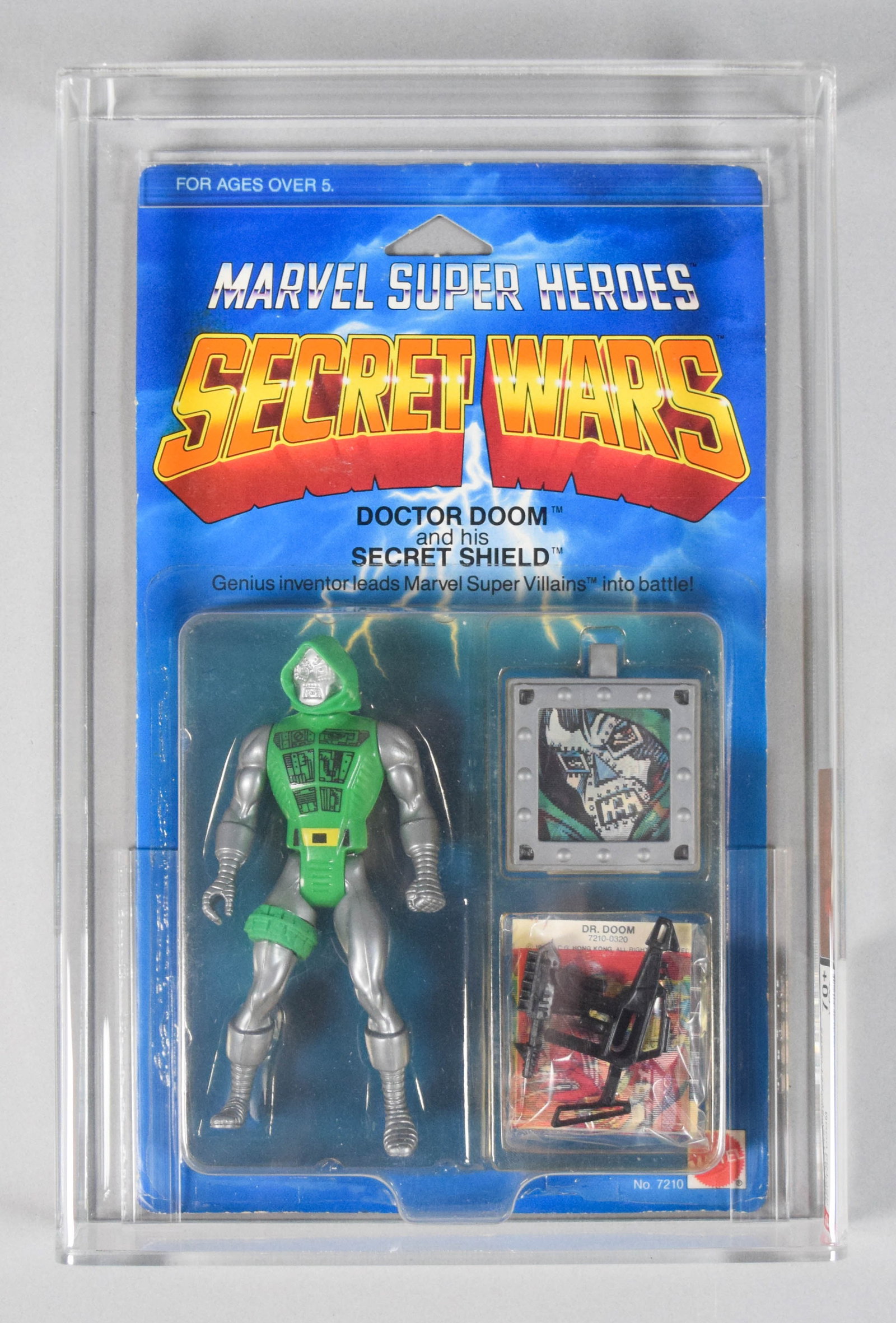 Mattel 1984 Marvel Super Heroes Secret Wars Doctor Doom Action Figure AFA 70+: Mattel 1984 Marvel Super Heroes Secret Wars Series 1 Doctor Doom action figure set. Factory-sealed on original illustrated card and includes "Secret Shield" accessory and lenticular "secret message" i