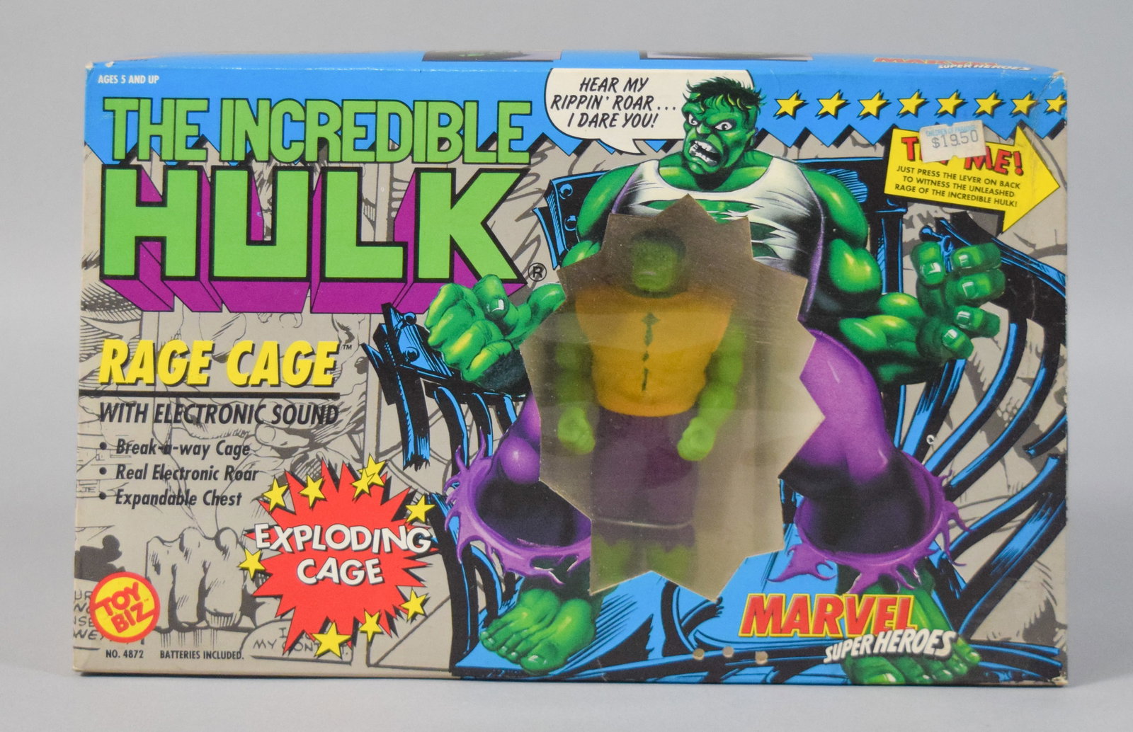 The Incredible Hulk Rage Cage Action Figure Playset 1991: The Incredible Hulk Rage Cage action figure playset manufactured by Toy Biz in 1991 as part of the Marvel Super Heroes line. The figure is housed in its original cardboard packaging. Box size 8" H x 1