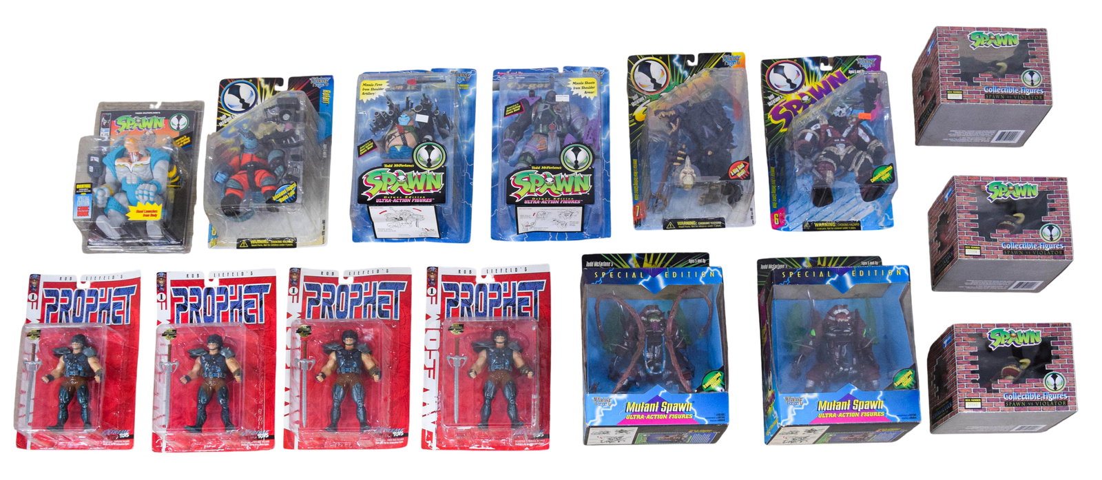 14 Spawn & Prophet Action Figures c. 1994-1997: Collection of 14 vintage action figures primarily from Todd McFarlane's Spawn series and Rob Liefeld's Prophet series. Features several significant releases from McFarlane Toys, including two Mutant S