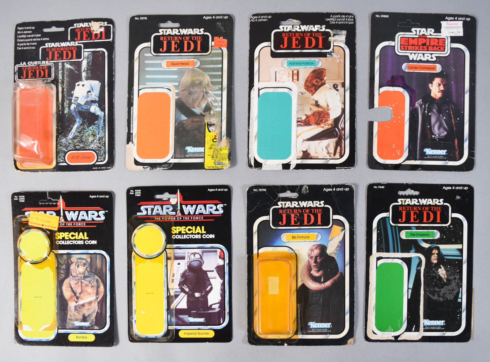 8 Vintage Kenner Star Wars Action Figure Cardbacks: Eight vintage Kenner Star Wars action figure cardbacks from the mid-1980s. Includes cardbacks from The Empire Strikes Back, Return of the Jedi, and The Power of the Force product lines. The character