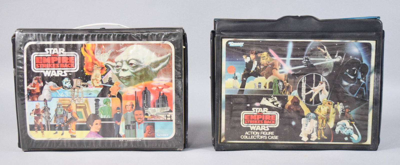 48 Vintage Kenner Star Wars Action Figures Incl Carrying Cases: Two vintage Star Wars: The Empire Strikes Back vinyl collector cases manufactured by Kenner in 1980 with 48 total action figures. Each case contains two trays of individual action figures, including L