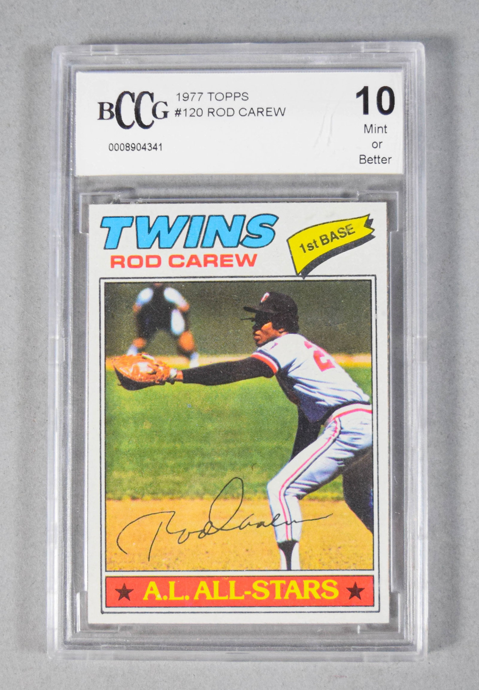 1977 Topps Rod Carew #120 Baseball Card, A.L. All-Star, BCCG 10 Mint: 1977 Topps Rod Carew baseball card no. 120 identifying Carew as an A.L. ALL-STARS first baseman featuring a facsimile signature. Professionally encapsulated and graded by BCCG (Beckett Collectors Club